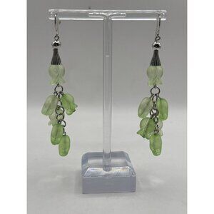 Green Acrylic Flower Earrings Dangle Drop Design Silver Tone Hook Lightweight